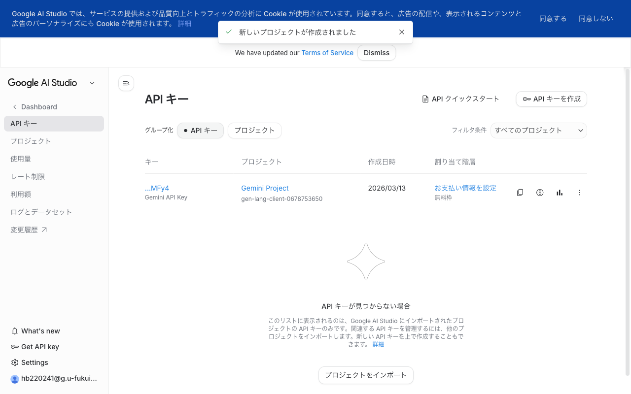 Google AI Studio の API キー発行画面の状態 4