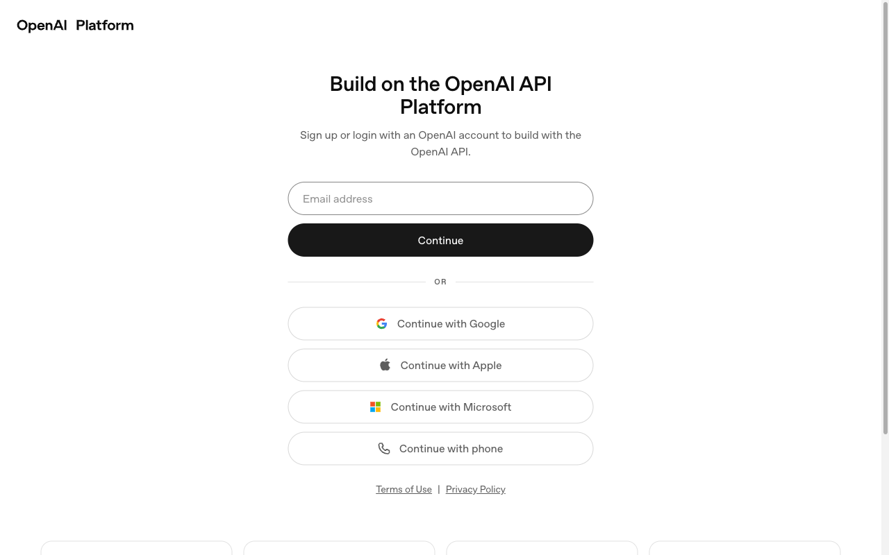 OpenAI Platform のログイン画面。Build on the OpenAI API Platform と表示され、メールアドレス欄と Continue ボタンが見えている画面