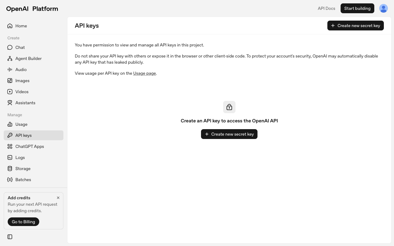 OpenAI Platform の API keys 画面。API keys 見出しと Create new secret key ボタンが表示されている画面