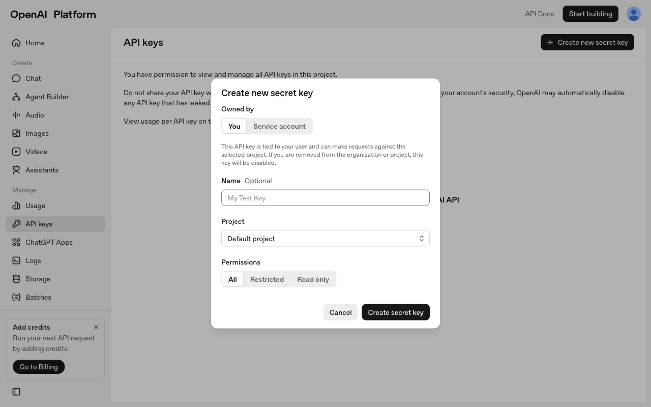 OpenAI Platform の Create new secret key モーダル。Owned by、Name、Project、Permissions を設定して Create secret key ボタンを押せる状態の画面
