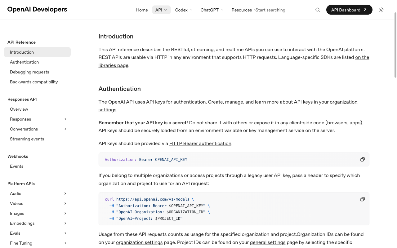 OpenAI API Reference の API Overview ページ。Authentication セクションに Authorization ヘッダーと curl https://api.openai.com/v1/models の例が表示されている画面