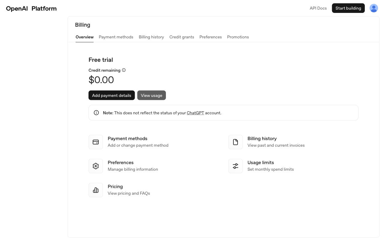 OpenAI Platform の Billing overview 画面。Credit remaining と Add payment details、View usage が表示されている画面