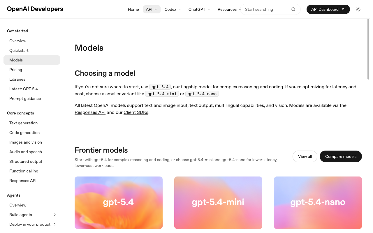 OpenAI Developers の Models ページ。Choosing a model と Frontier models が表示され、gpt-5.4, gpt-5.4-mini, gpt-5.4-nano が見えている画面