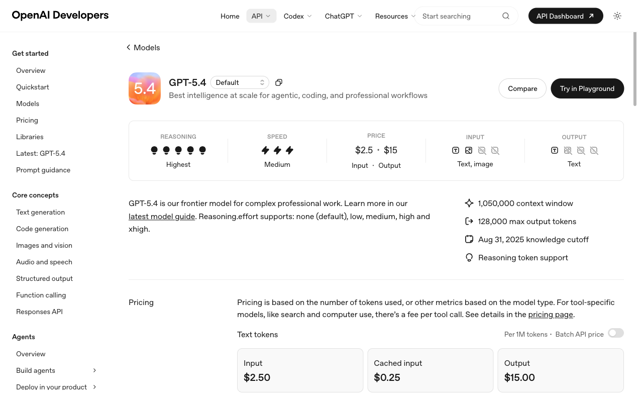 OpenAI Developers の GPT-5.4 モデル詳細ページ。Model ID と Context window、Max output tokens などが表示されている画面