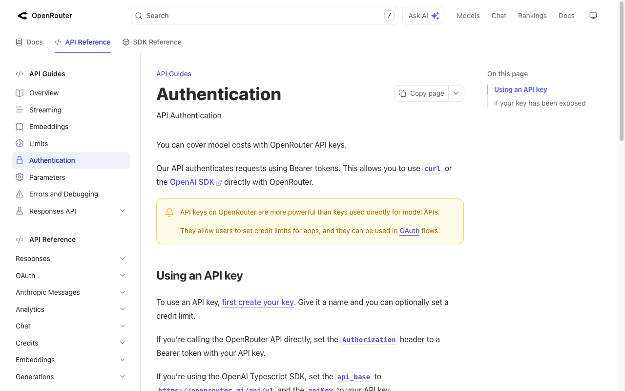 OpenRouter Documentation の Authentication ページ。Using an API key セクションと first create your key リンクが表示されている画面