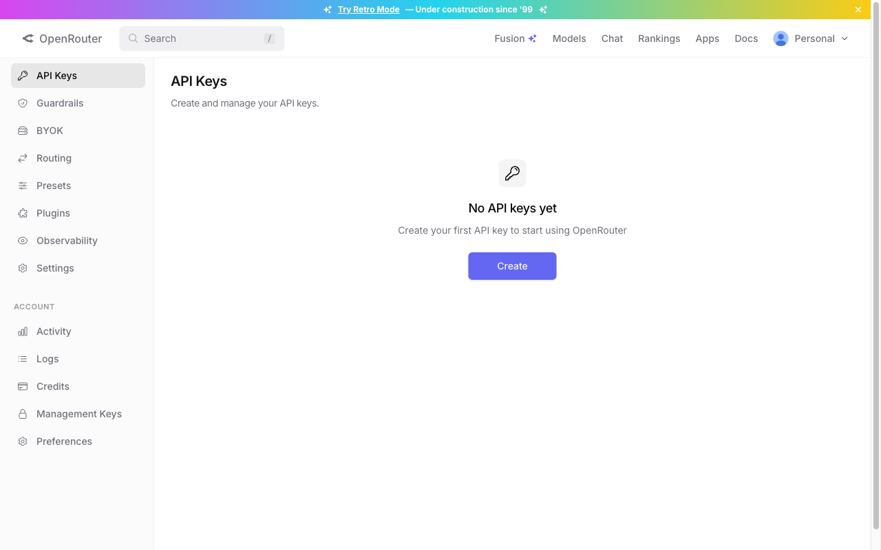 OpenRouter の API Keys 画面。API Keys 見出しと Create ボタンが表示されている画面