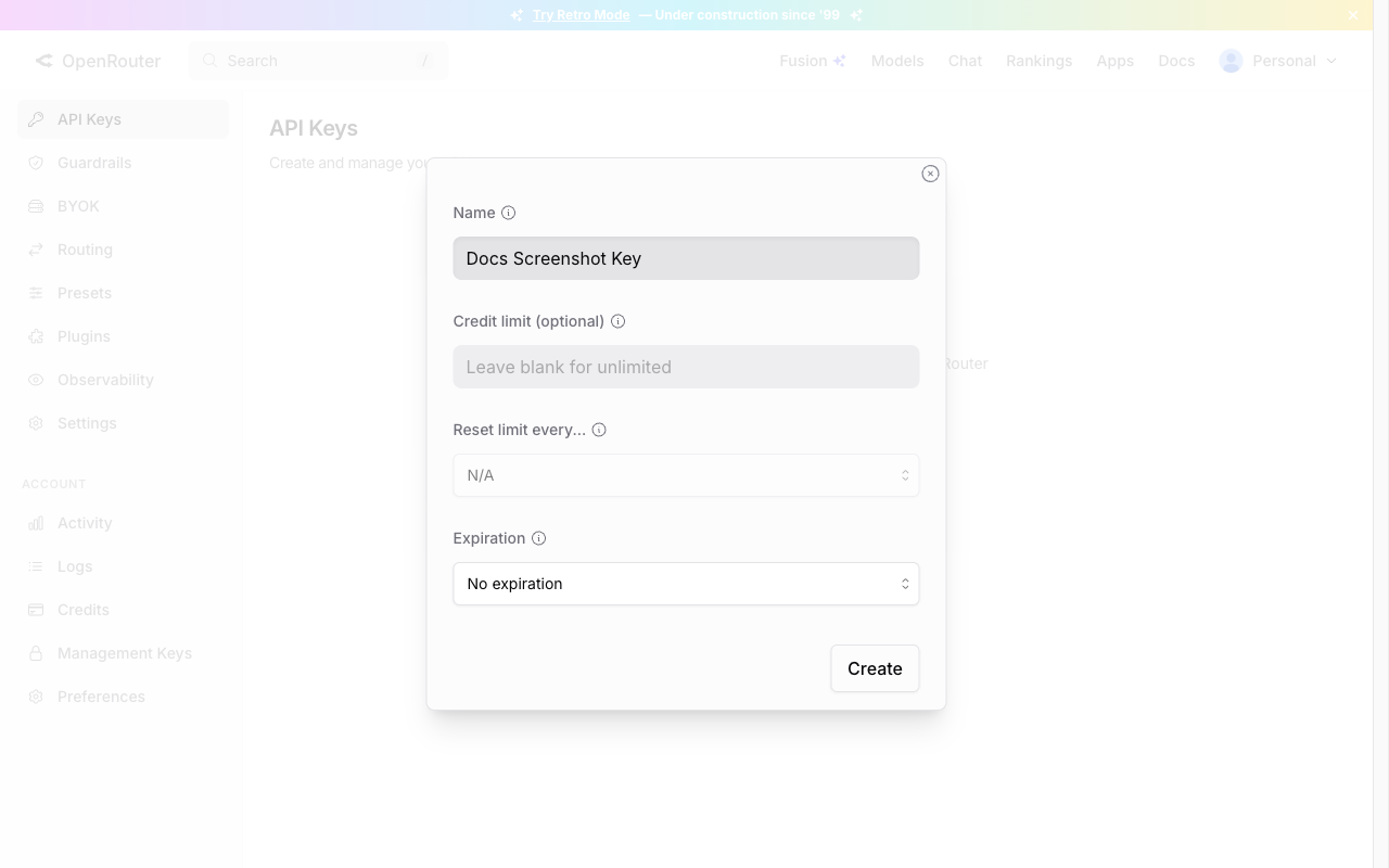 OpenRouter の API キー作成モーダル。Name、Credit limit、Expiration を設定して Create ボタンを押せる状態の画面