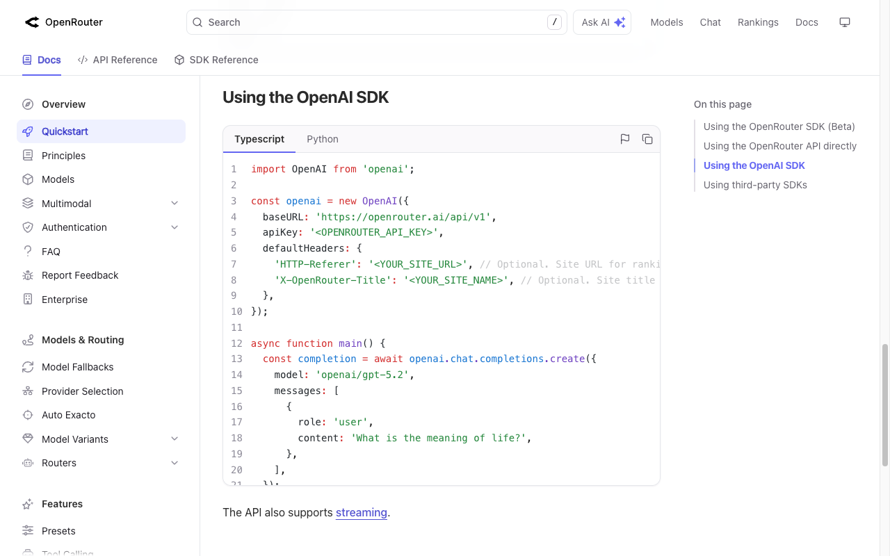 OpenRouter Quickstart の Using the OpenAI SDK セクション。baseURL が https://openrouter.ai/api/v1 になっているコード例を表示している画面